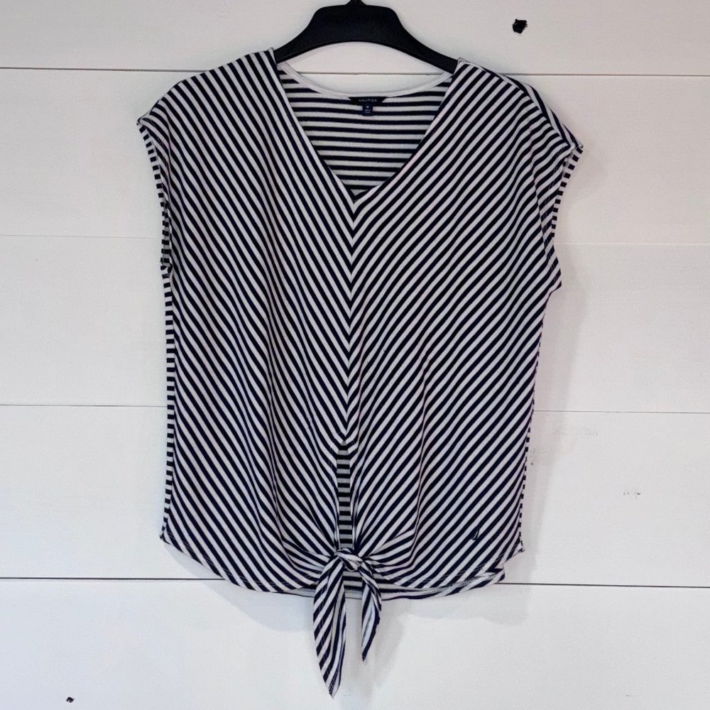 Nautica Navy/White Stripe Top Tie Front M